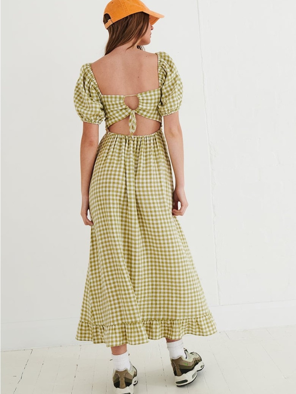 Ghanda French Meadow Green Gingham Puff Midi Dress Size Large